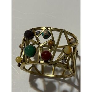 CHICOS Gold Tone Geometric Cuff Bracelet Multi Color Cabochon Stone Statement